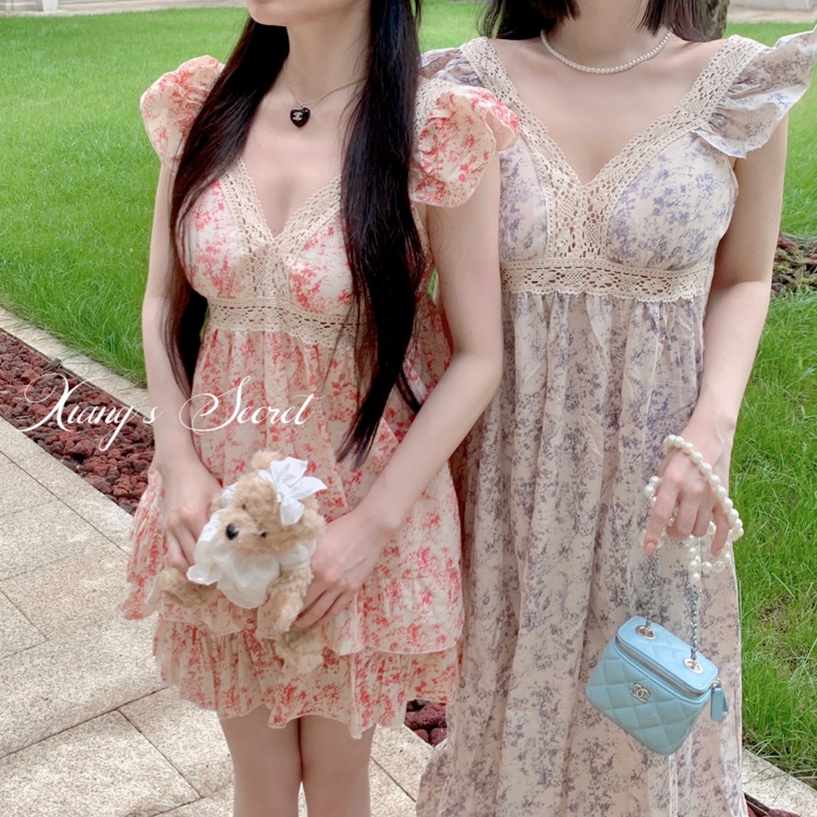 香香的秘密 南法田园*韩单棉麻复古印花睡裙家居服甜妹少女带胸垫