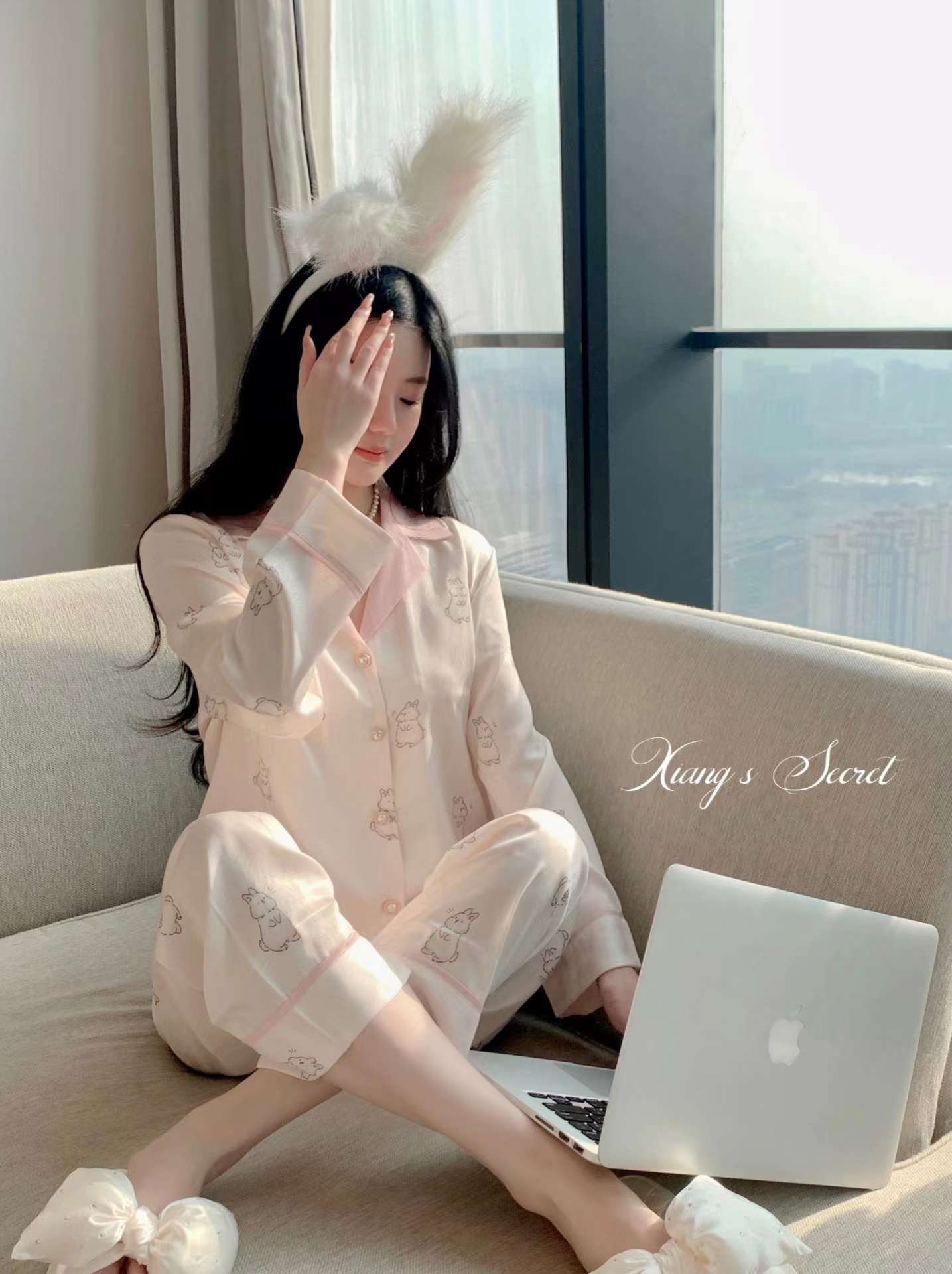 女冰丝兔家居服鱼骨纹