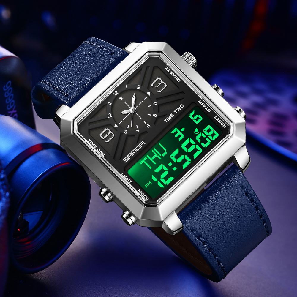 多功能方形手表男士双显大表盘防水夜光倒计时电子表潮酷商务休闲