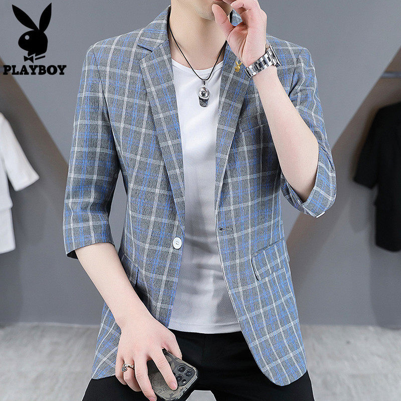 花花公子夏季薄款中袖西服外套男韩版修身七分袖格子西装潮流上衣