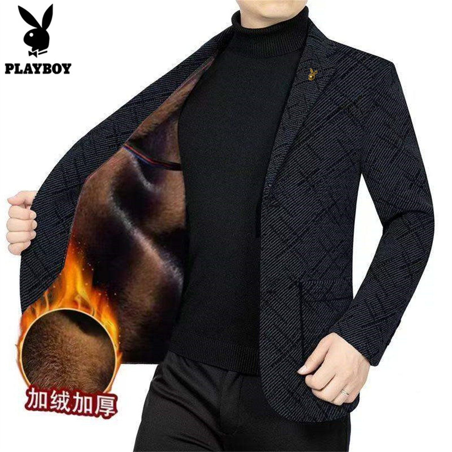 花花公子冬季男士加绒加厚西装外套男中年商务休闲金貂绒西服上衣