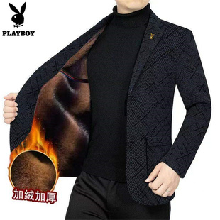 花花公子冬季男士加绒加厚西装外套男中年商务休闲金貂绒西服上衣
