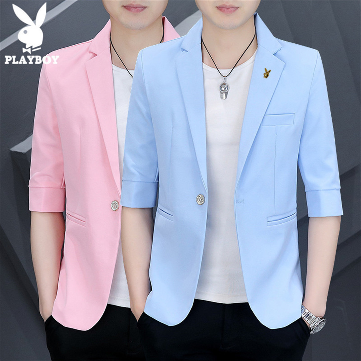 花花公子夏季男士薄款七分中袖小西装外套男修身潮流休闲半袖西服