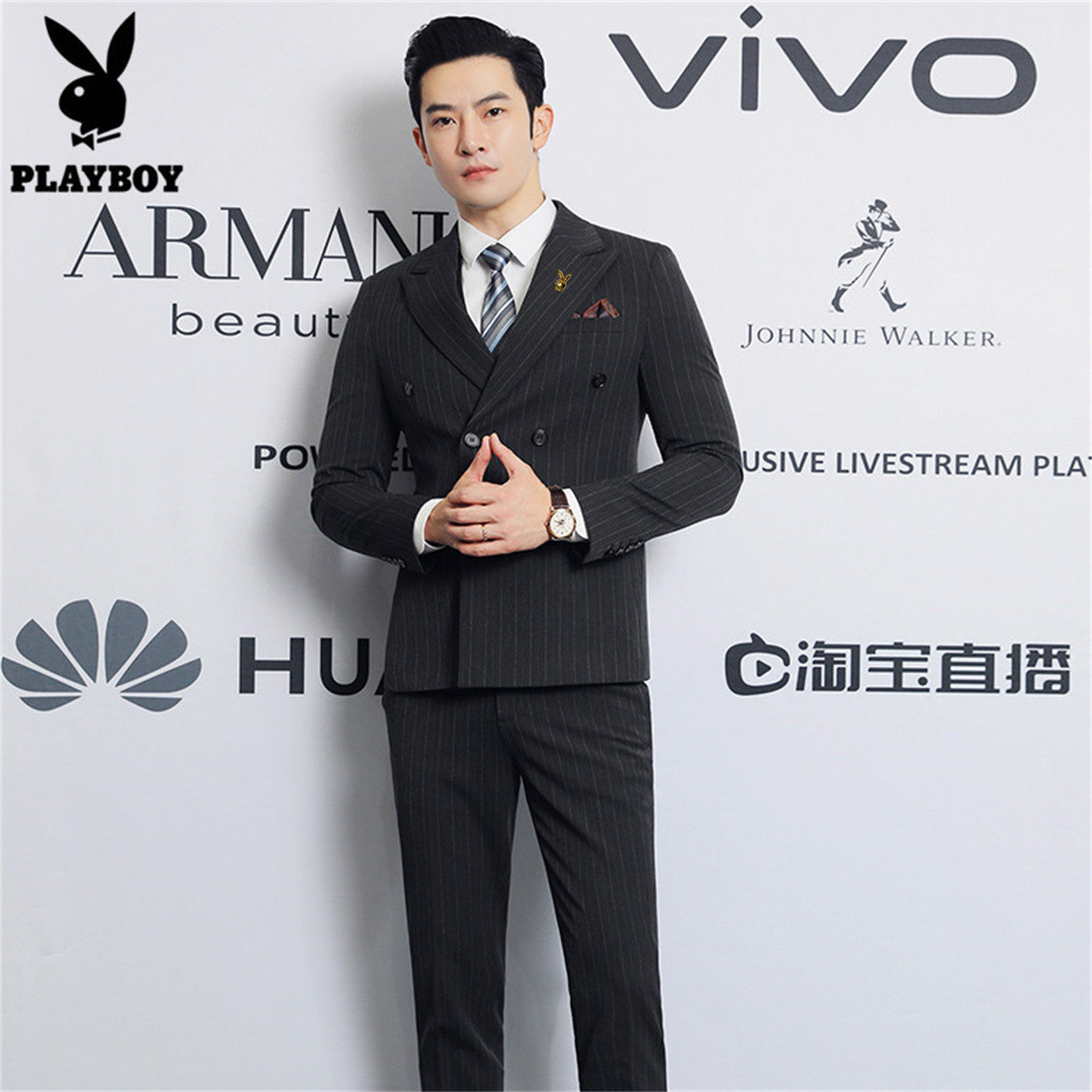 花花公子高级西服套装男士修身条纹商务职业正装双排扣结婚礼服潮