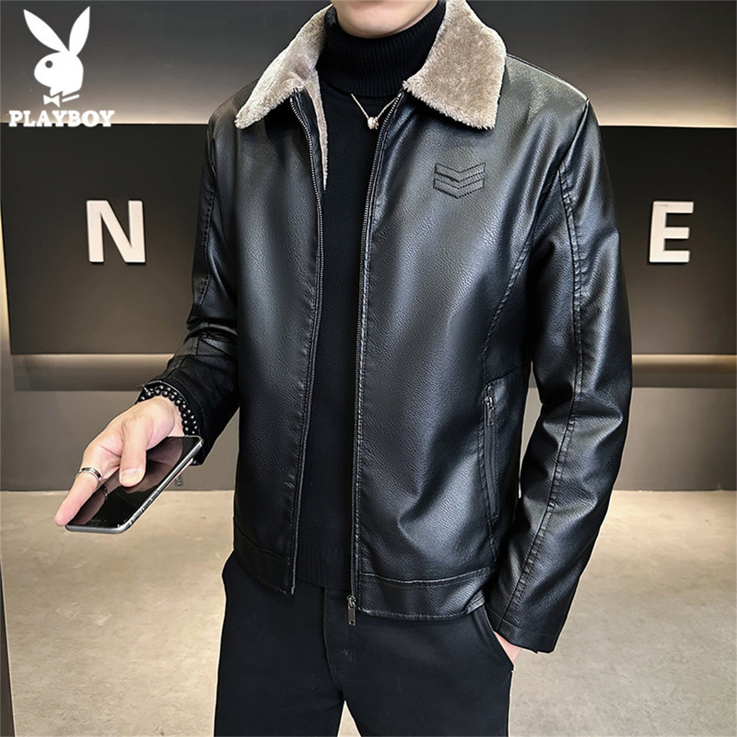 花花公子加绒加厚皮衣外套男夹克
