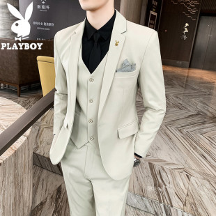 商务休闲职业正装 花花公子秋季 男修身 纯色西服套装 新郎结婚礼 男士