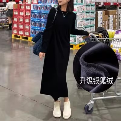 复古中长款连衣裙直筒小黑裙长裙