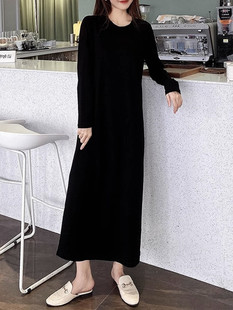 加厚黑色连衣裙女冬季新款大码女装气质长款裙子洋气配大衣打底裙