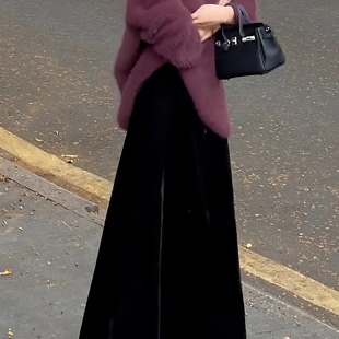 金丝绒半身裙女春秋2025新款 高腰垂感A字裙复古显瘦丝绒半身长裙