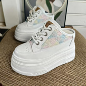 网面透气厚底松糕小白鞋 包头无后跟半拖超高跟内增高10CM轻便拖鞋