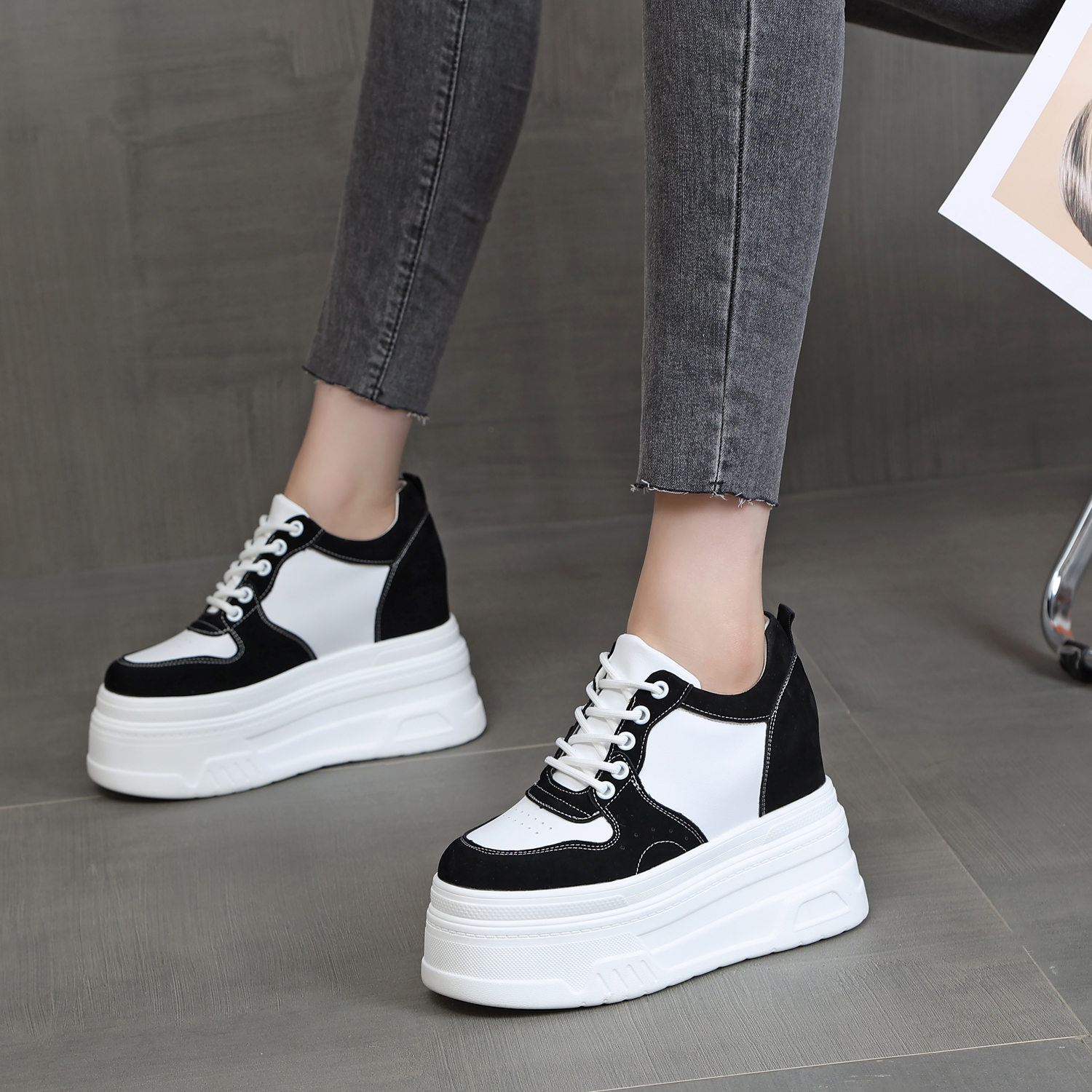 休闲超高跟圆头小白鞋增高显瘦