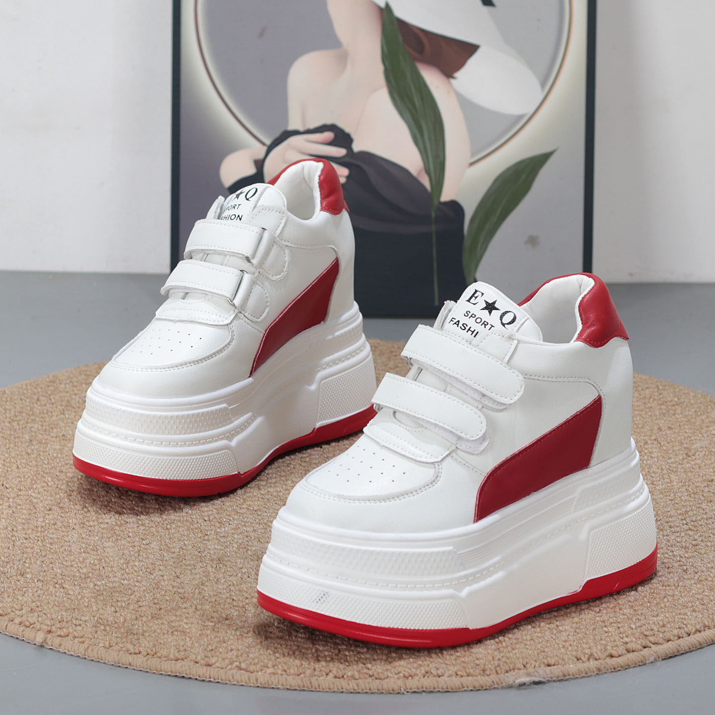 2025秋季厚底松糕魔术贴小白鞋超高跟内增高12CM小个子10CM女单鞋