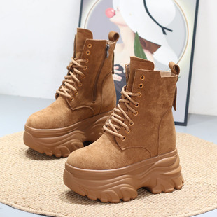 隐形内增高12CM厚底坡跟马丁靴小个子加绒大黄靴超高跟显瘦短靴子