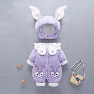 婴儿秋冬新款夹棉爬服女宝公主薄棉连体衣卡通可爱加厚保暖棉哈衣