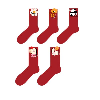 本命年男女大红袜子秋冬红色中筒袜鸿运新年精梳棉马年卡通马红袜