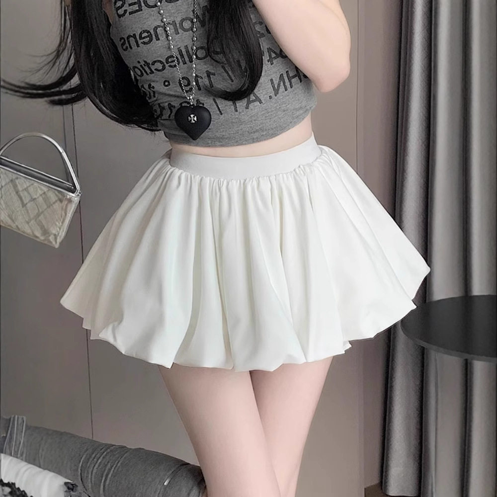 白色甜美减龄蓬蓬半身裙女装夏季高腰防走光裙裤花苞短裙a字裙子
