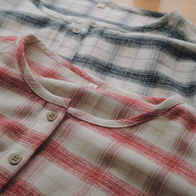 MUEJ无印弍睡衣女士纯棉磨毛情侣全棉套头圆领格子情侣家居服男
