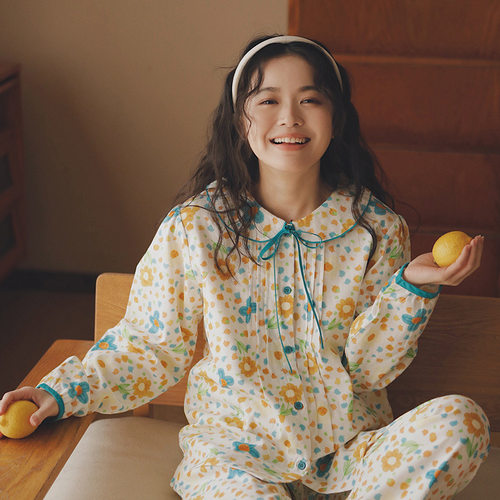 MUEJ无印弍纯棉双层纱布睡衣女士春秋夏娃娃领家居服全棉长袖套装