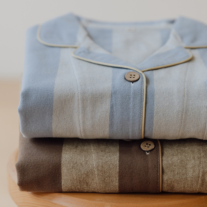 无简母鸡睡衣男秋冬加厚纯棉磨毛绒布条纹法兰绒家居服女情侣套装