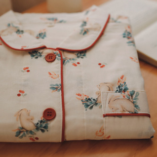 MUEJ无印弍睡衣女春秋纯棉双层纱布甜美风夏全棉家居服长袖 薄 套装