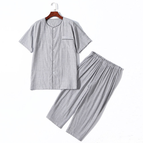 MUEJ无印弍睡衣男女夏季短袖纯色家居服纯棉双层纱布圆领情侣套装