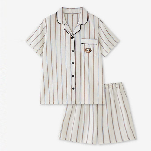 MUEJ无印弍情侣睡衣女夏季短袖纯棉双层纱布家居服男条纹情侣套装