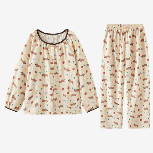 MUEJ无印弍睡衣女春夏纯棉双层纱布可外穿圆领家居服全棉宽松套装