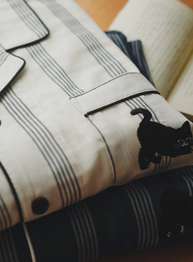 MUE睡衣男女士高级感春夏条纹纯棉双层纱布长袖家居服情侣套装薄