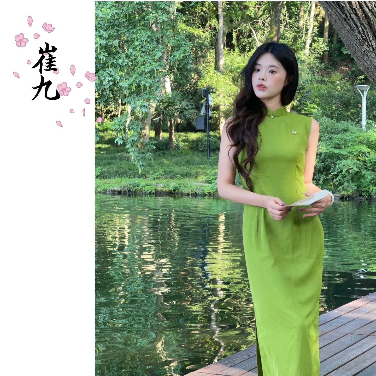 EACH崔九【芥子】新中式改良日常旗袍夏季女无袖绿色气质连衣裙