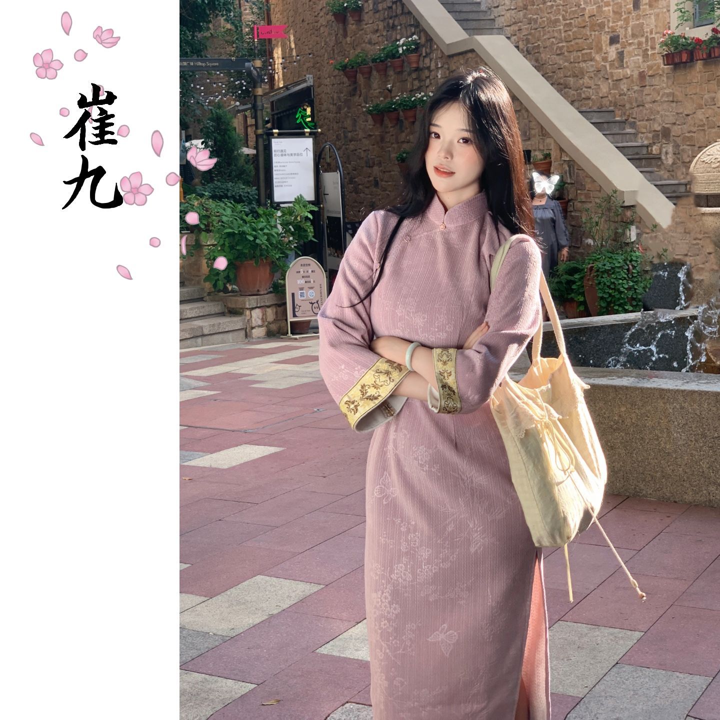 EACH崔九【秋日晴】秋冬款倒大袖新中式旗袍国风紫色少女连衣裙