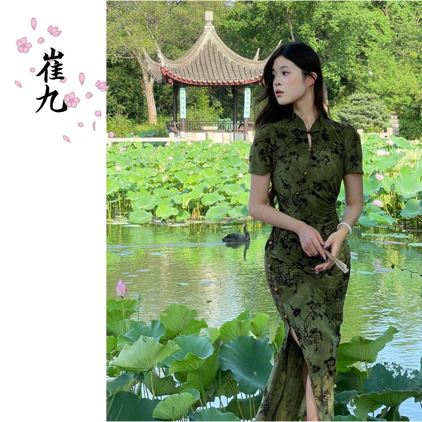 EACH崔九【绿檀】新中式旗袍改良国风绿短袖弹力修身复古夏连衣裙
