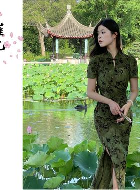 EACH崔九【绿檀】新中式旗袍改良国风绿短袖弹力修身复古夏连衣裙