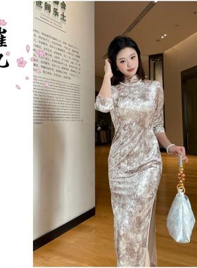 EACH崔九【琥珀】春秋长袖薄款连衣裙气质金色新中式改良旗袍