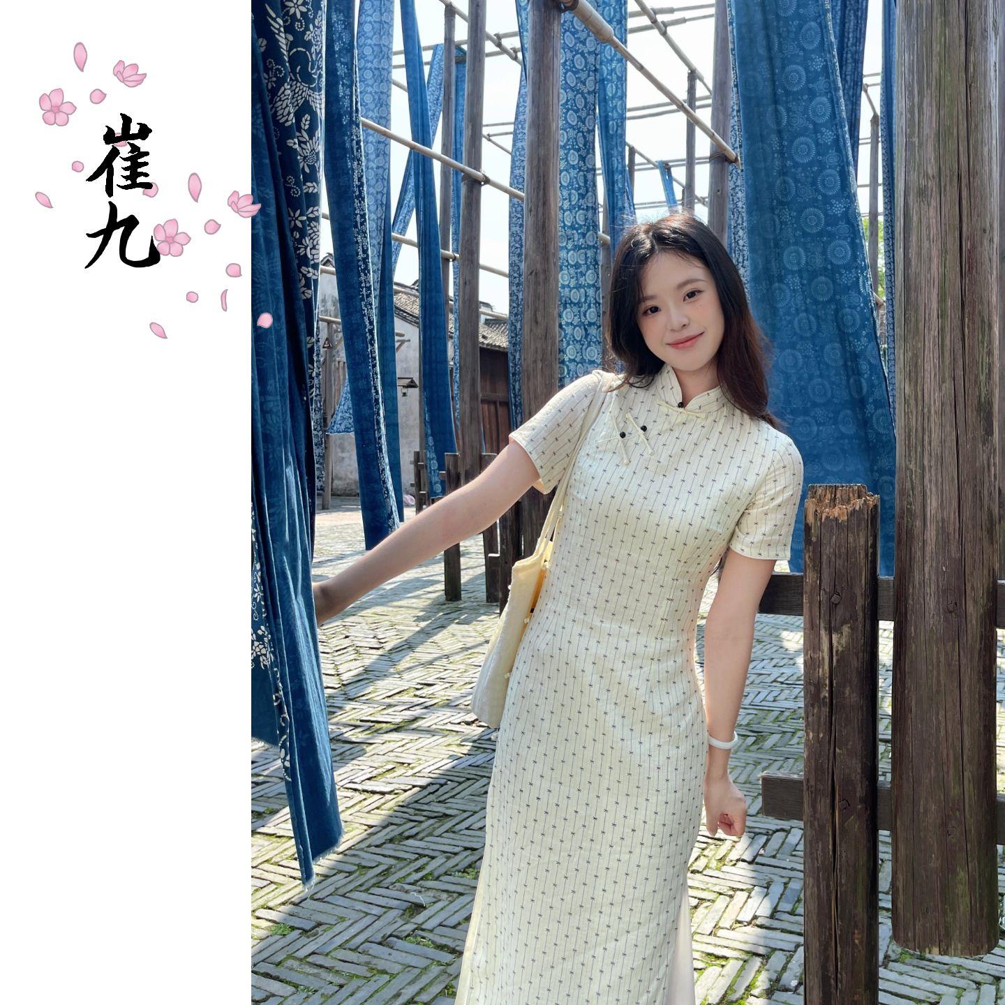 EACH崔九【小幸运】新中式改良旗袍女夏小清新绝美竖纹显瘦连衣裙