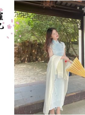 EACH崔九【踏雪寻梅】春夏款短袖连衣裙蓝色新中式全开襟曳地旗袍