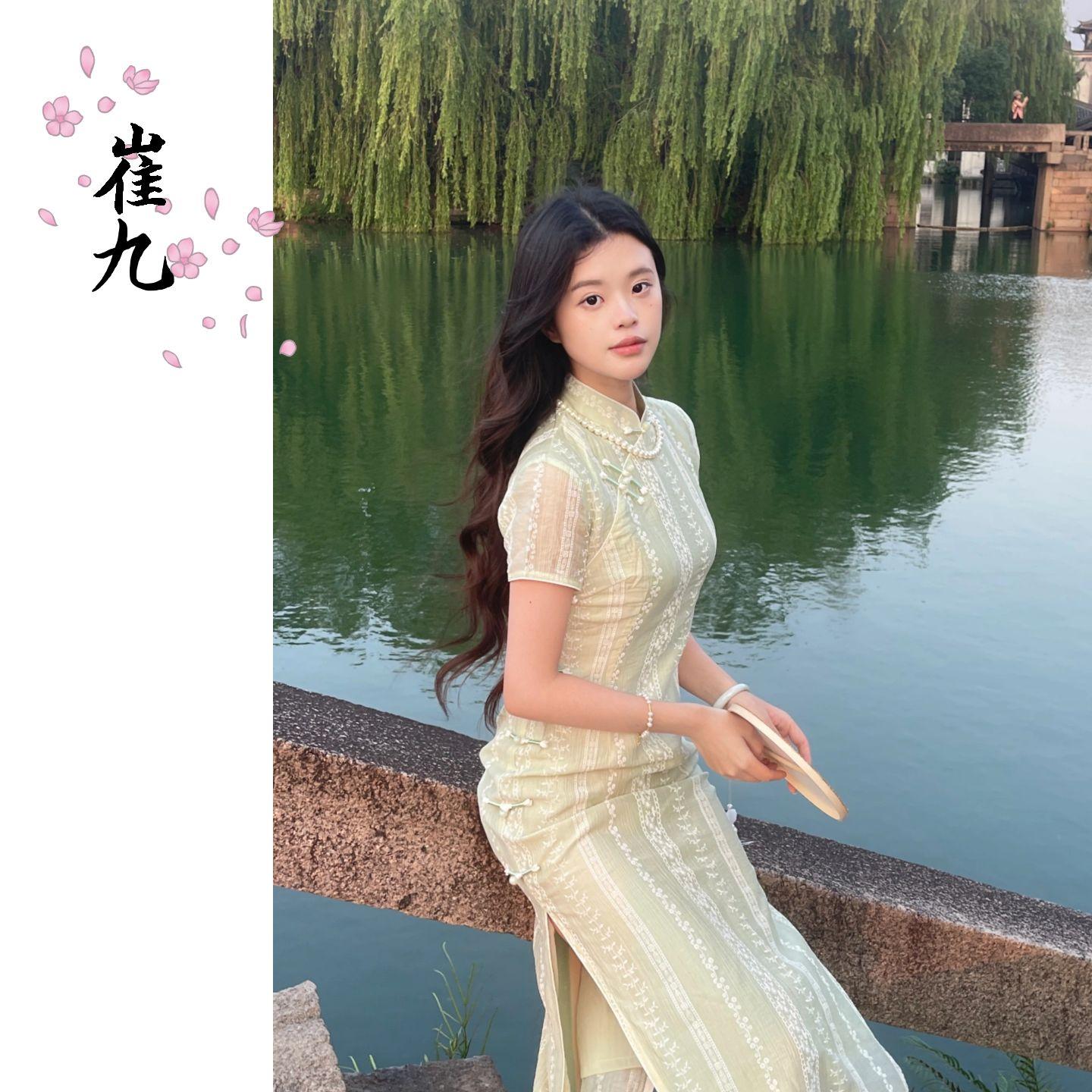 EACH崔九【又江南】新中式改良旗袍女夏季薄款绿色连衣裙显瘦显白