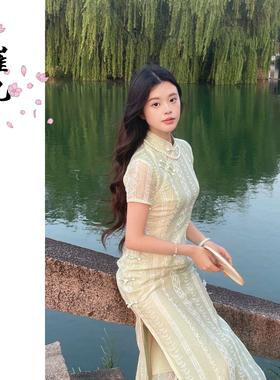 EACH崔九【又江南】新中式改良旗袍女夏季薄款绿色连衣裙显瘦显白