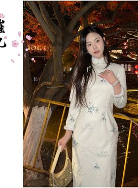 EACH崔九【暖翠】秋冬款加绒连衣裙白色苏式新中式少女改良旗袍