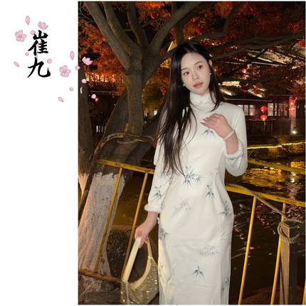 EACH崔九【暖翠】秋冬款加绒连衣裙白色苏式新中式少女改良旗袍