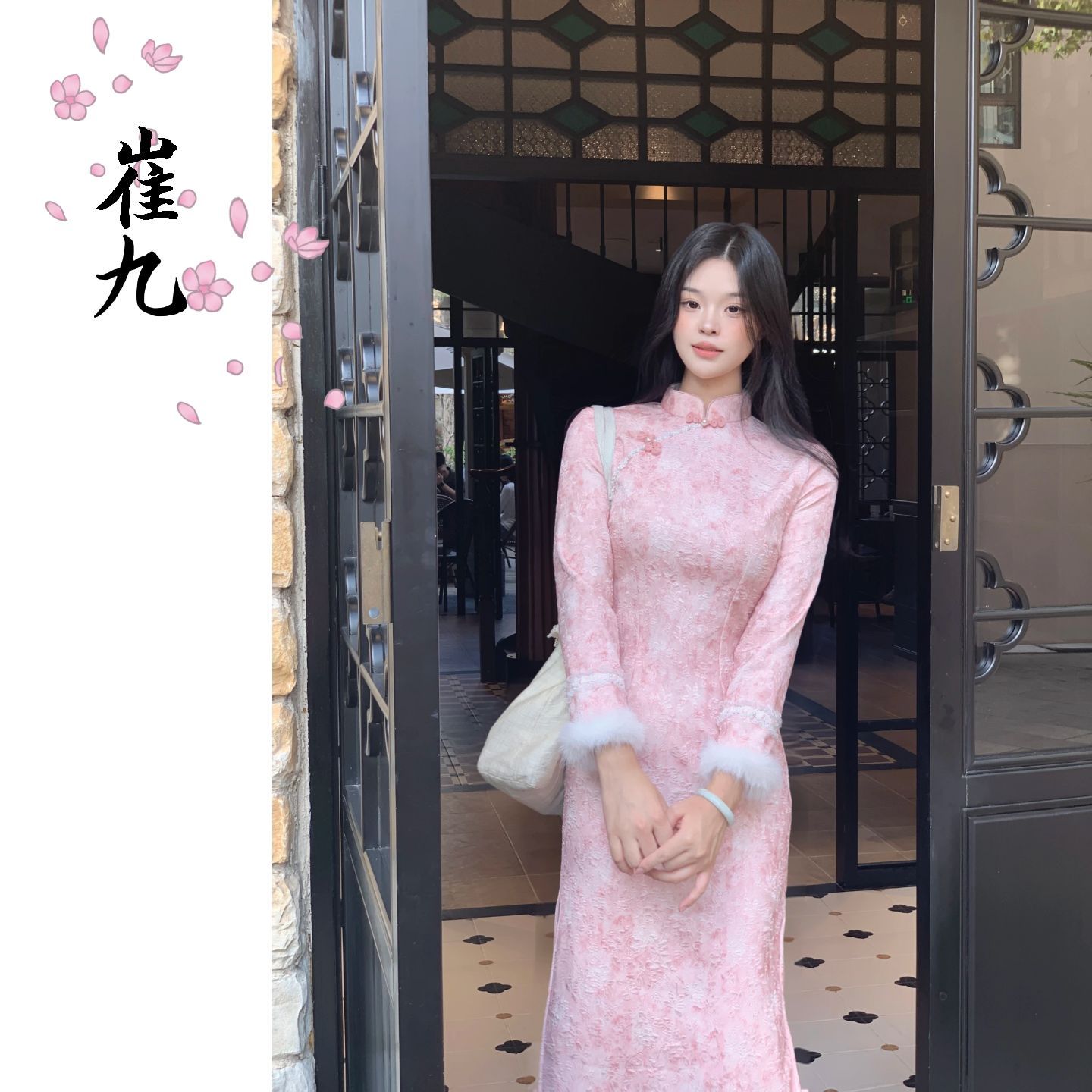 EACH崔九【遐想】少女十足粉色秋冬加绒连衣裙衬裙新中式国风旗袍