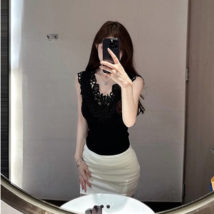 M900背心女夏外穿无袖 黑色露背高级感设计感小众 蕾丝上衣2025新款