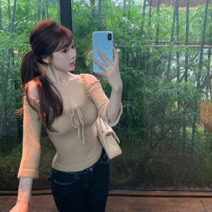 显瘦气质时尚 M900针织衫 修身 长袖 穿搭春秋 一字肩上衣T恤2025新款