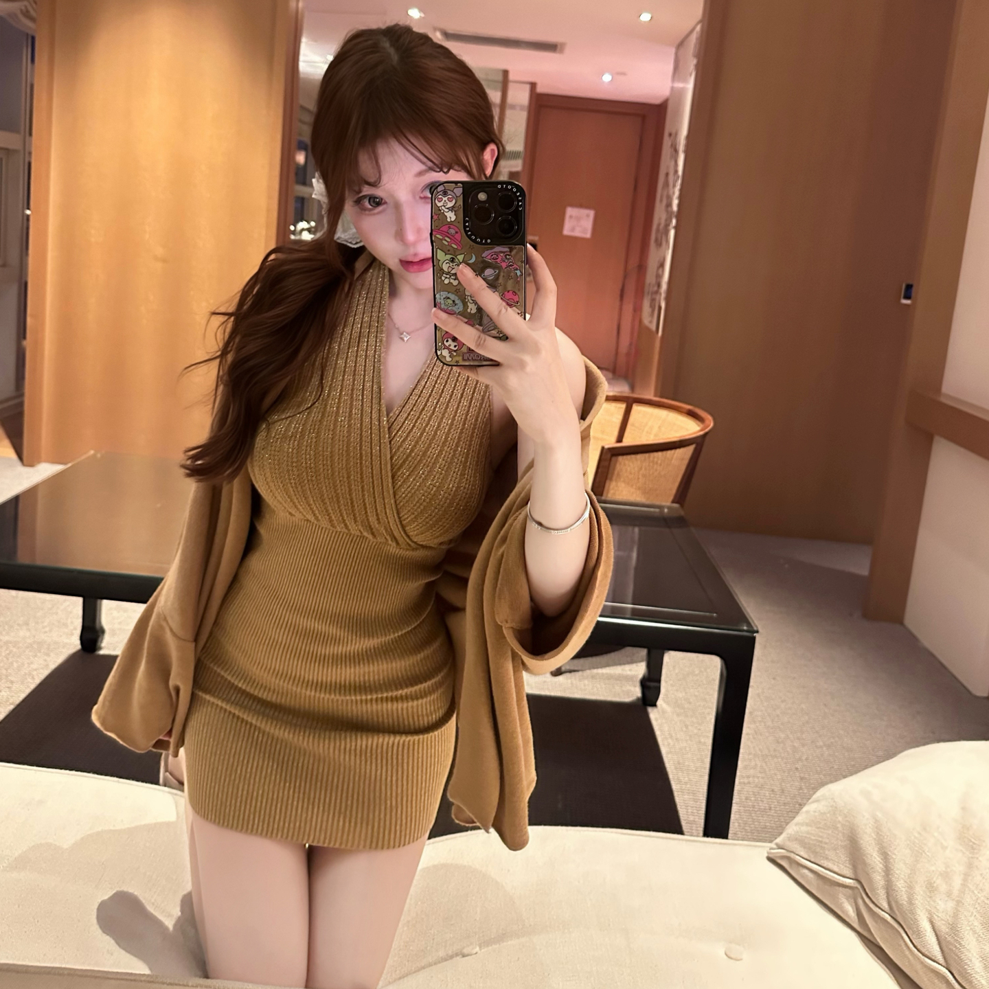 M900套装女纯欲风气质长袖针织开衫挂脖背心连衣裙秋冬穿搭两件套