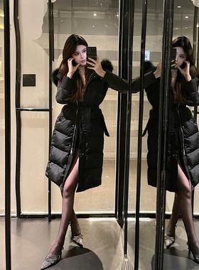 M900中长款羽绒服女2026新款冬黑色高级感超好看连帽大毛领白鸭绒