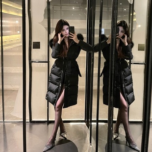 M900中长款 冬黑色高级感超好看连帽大毛领白鸭绒 羽绒服女2025新款