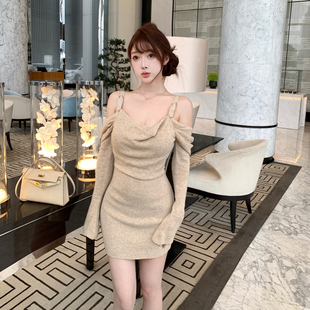 M900连衣裙2025新款 收腰显瘦气质包臀裙 小众设计感堆堆领露肩长袖