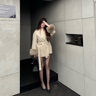 口 狐狸毛袖 M900毛呢大衣女外套高级感冬呢子2025新款 小个子中长款