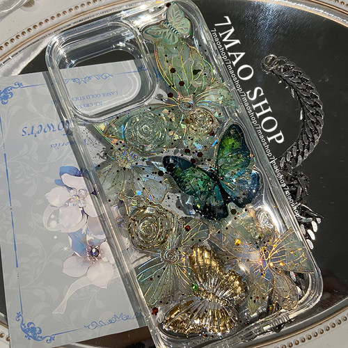 玫瑰花绿蝶滴胶手机壳