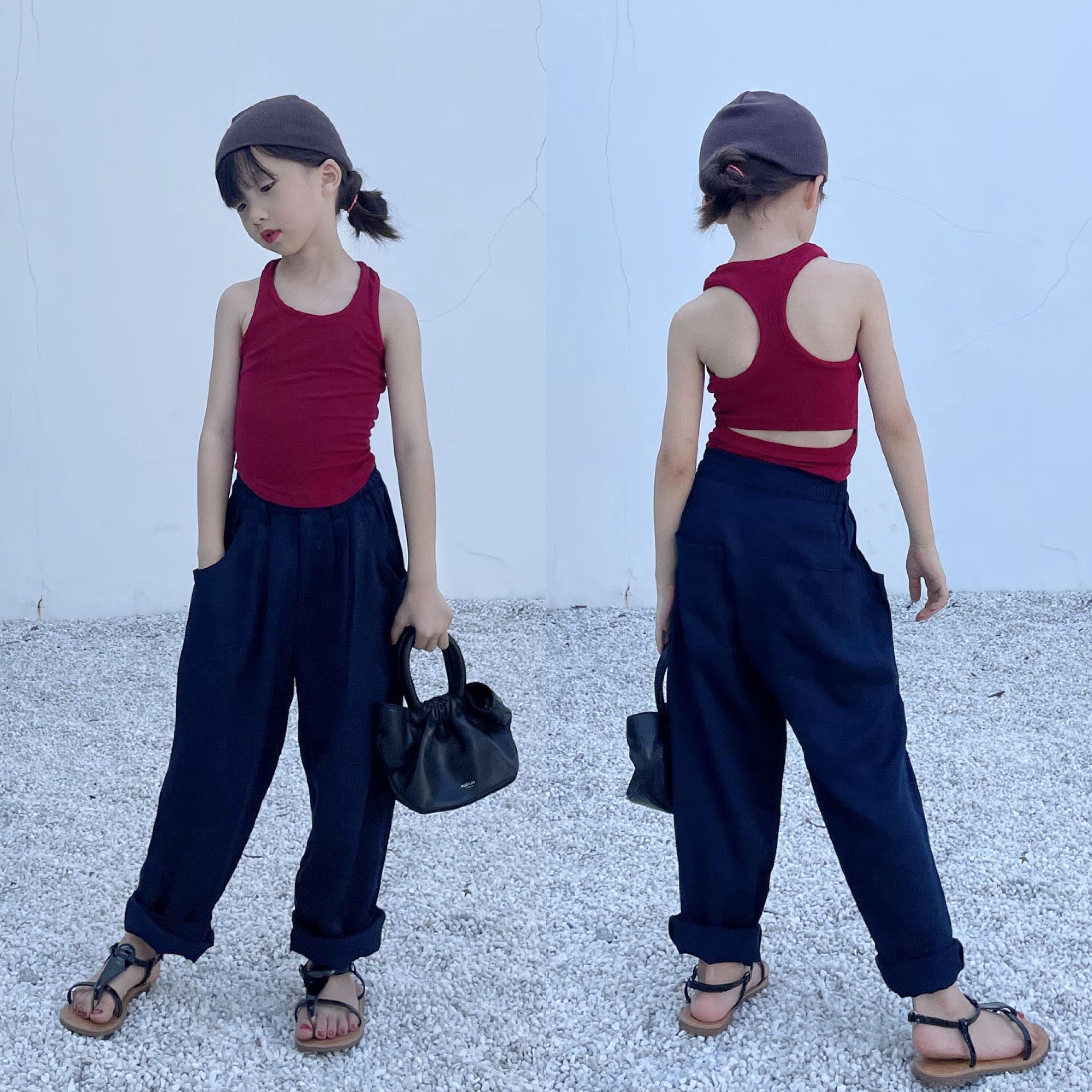 韩版儿童纯色红色美背工字型小背心夏吊带薄款外穿女童纯棉夏季