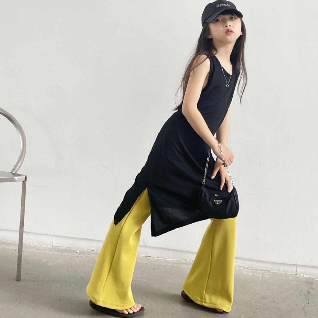 豆丁奇遇儿童黑色镂空开叉不规则中长款无袖T恤裙上衣女童亲子装
